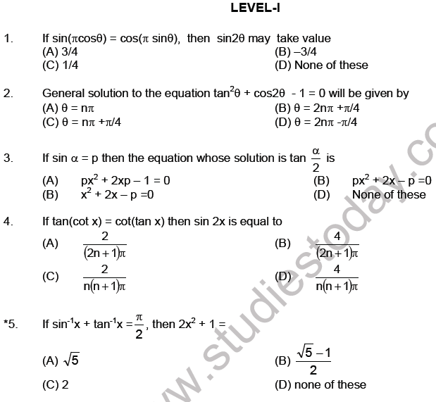 JEE Mathematics Trigonometric Functions MCQs Set B, Multiple Choice Questions